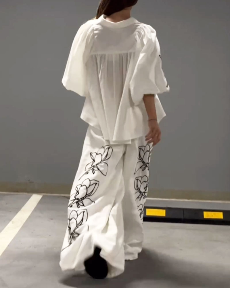 Fashion Personality Design Printed Top & Wide Leg Pants Two-Piece Set