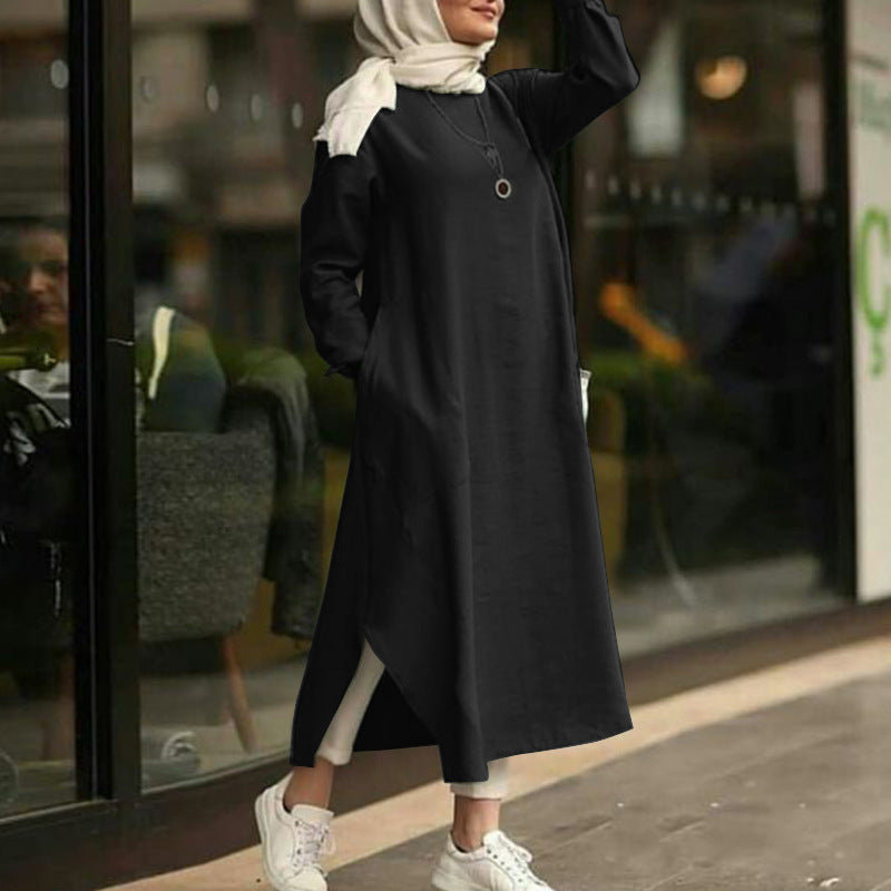 Simple Solid Color Long Sleeve Round Neck Midi Dress