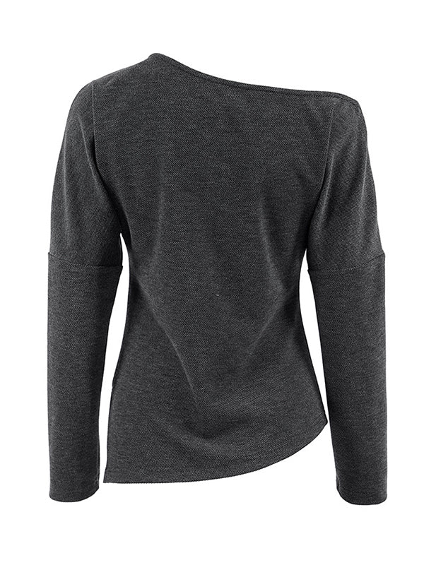Long Sleeves Loose Solid Color Split-Side One-Shoulder T-Shirts Tops
