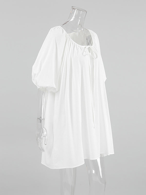 Loose Puff Sleeves Lace-Up Pleated See-Through Solid Color V-Neck Mini Dresses Sleep Dress