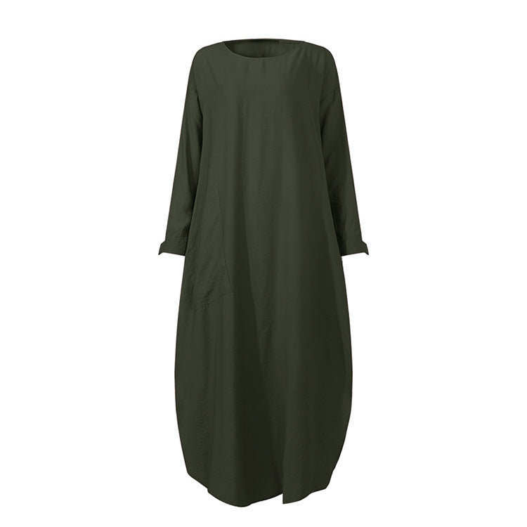 Simple Solid Color Long Sleeve Round Neck Midi Dress