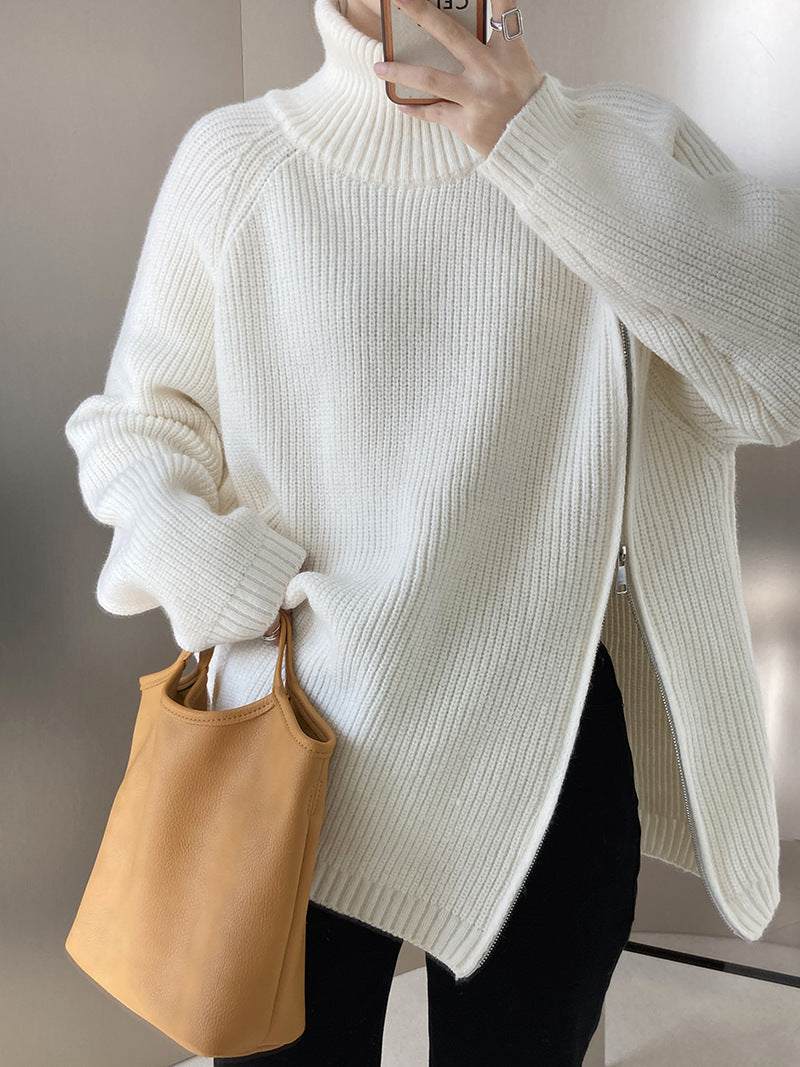 Casual Solid Color Zipper Turtleneck Knit Sweater