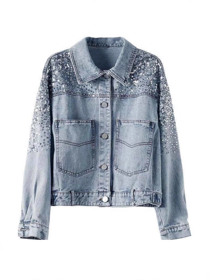 Foreign Trade Southeast Asia Spring and Summer New Fashion Sequin Denim Coat Women's European Station Short Loose Jacket Tide