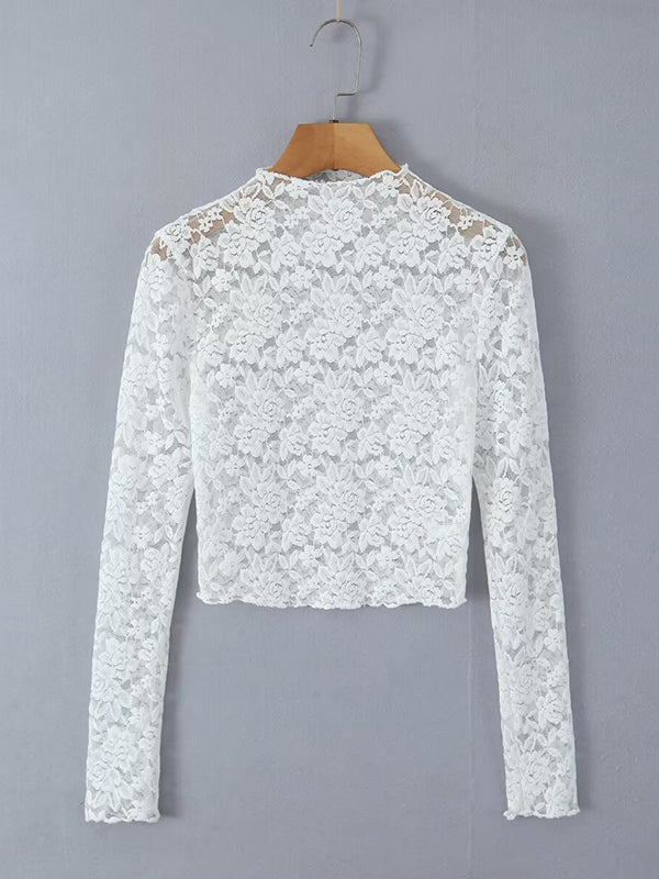 Long Sleeves See-Through Solid Color Mock Neck T-Shirts Tops + Split-Joint Asymmetric High Waisted Skirts Bottom Two Pieces Set