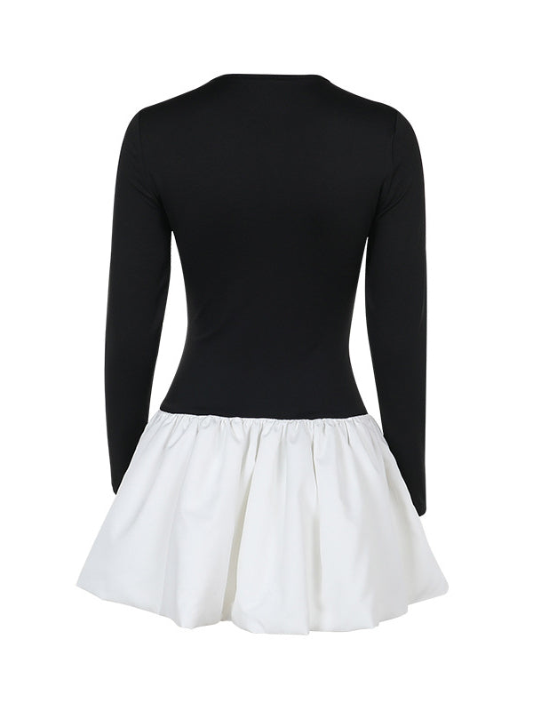 Long Sleeves Skinny Contrast Color Pleated Split-Joint Round-Neck Mini Dresses