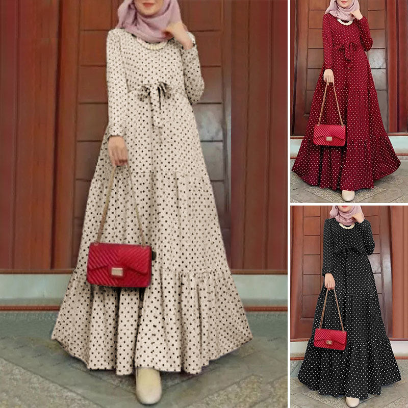 Vintage Polka-Dot Long Sleeve Round Neck Maxi Dress