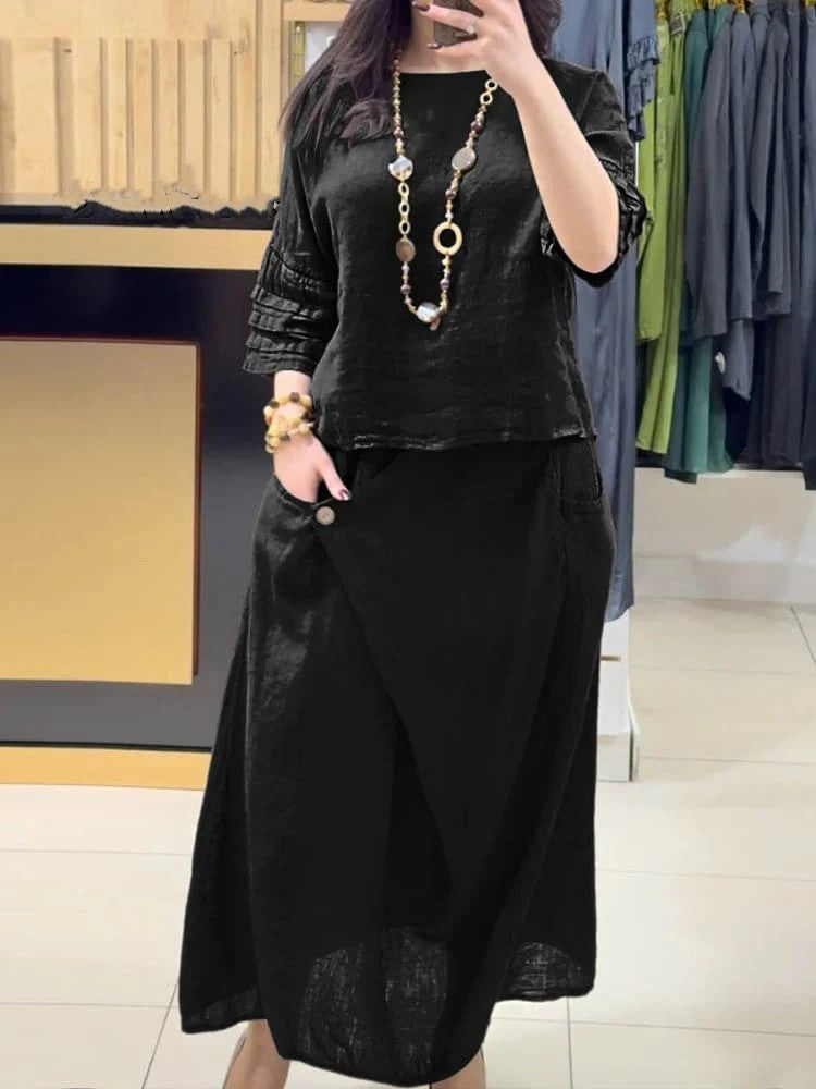 Loose Solid Color Half Sleeve Skirt Set