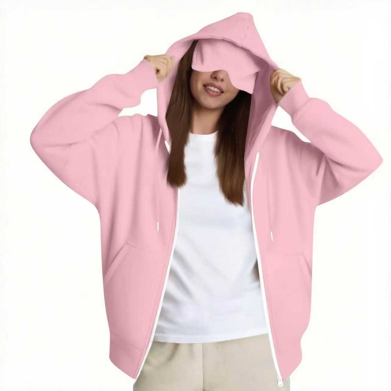 2025 European and American solid color women's autumn and winter hooded cardigan with eye patch zipper sweater