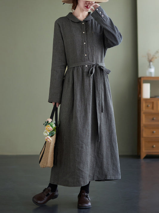 Retro Solid Color Long Sleeve Maxi Dress