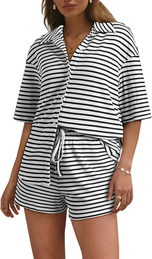 Casual Knitted Striped Short Sleeve Pajama Set (Buy 2 Free Shipping)