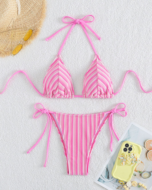 Hanging Neck Lace-up Striped Bikini