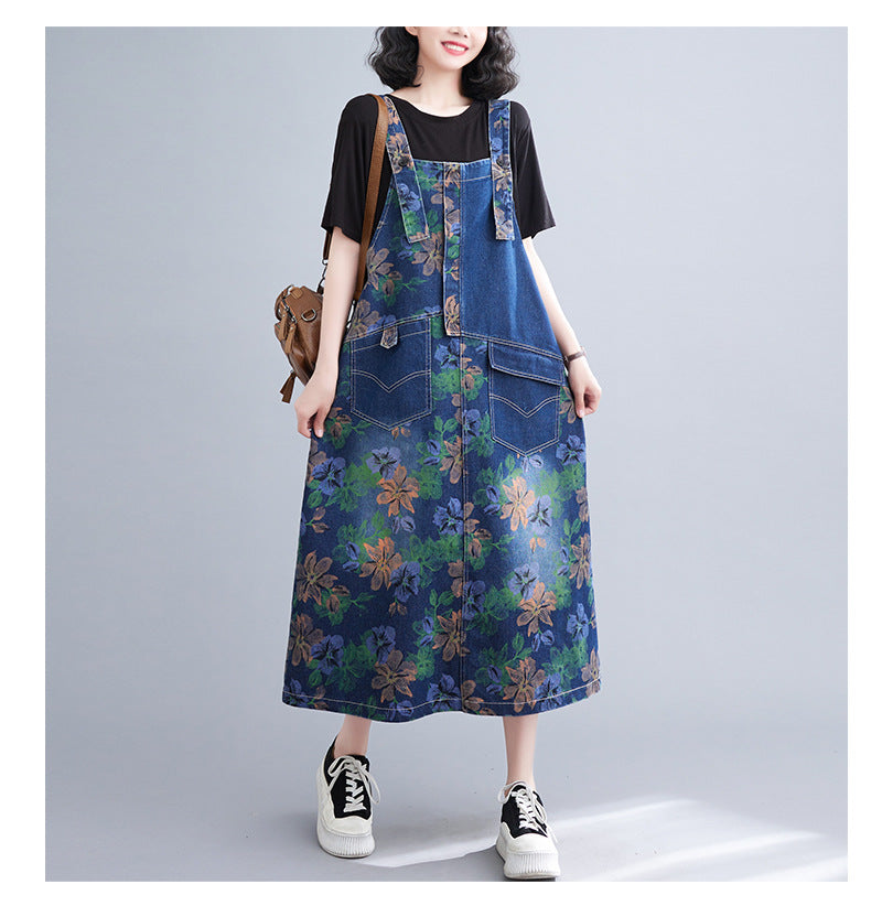 Literary Print Splicing Denim Suspender Midi Dress