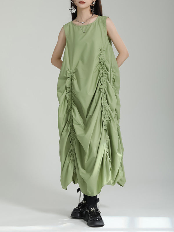 Loose Sleeveless Asymmetric Elasticity Pleated Solid Color Round-Neck Midi Dresses