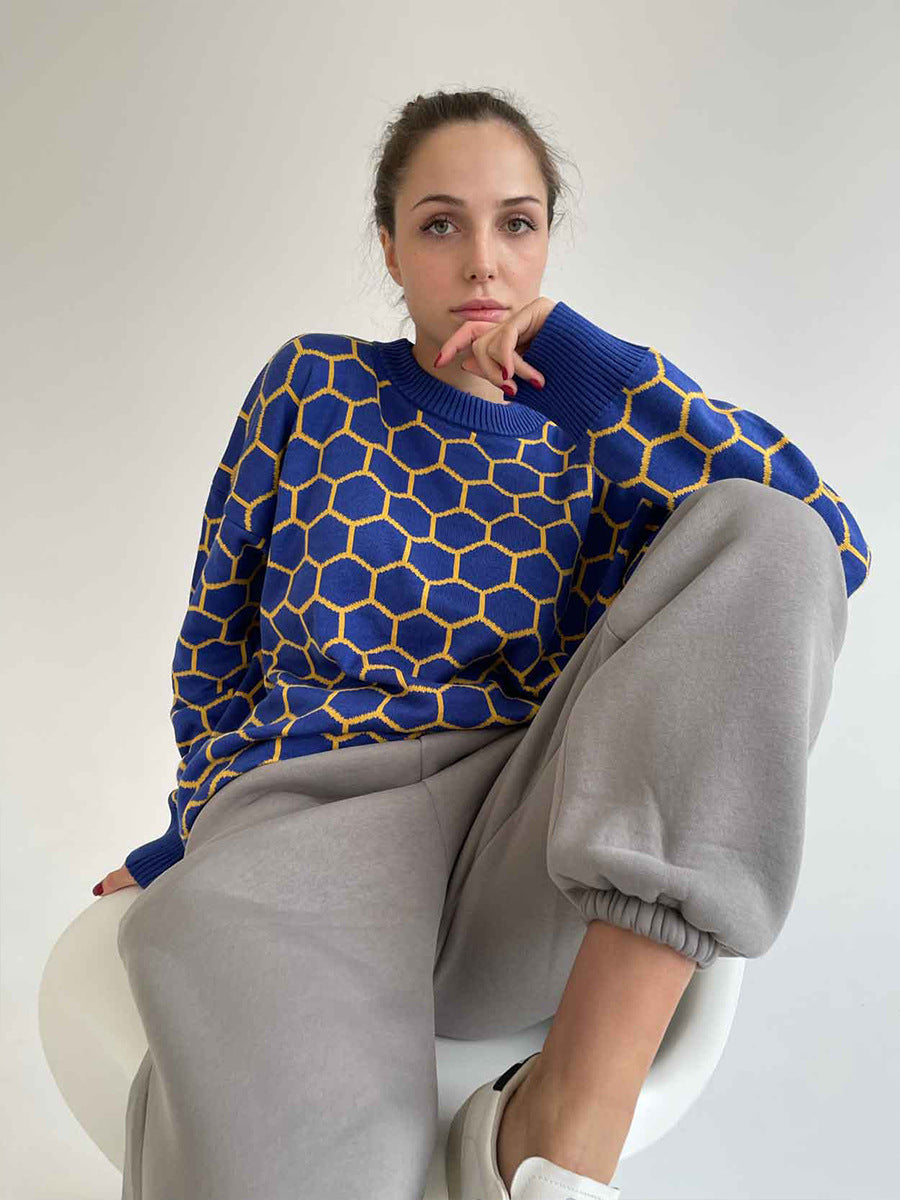 Round neck honey sweater autumn and winter loose plaid pullover round neck knitted women's top