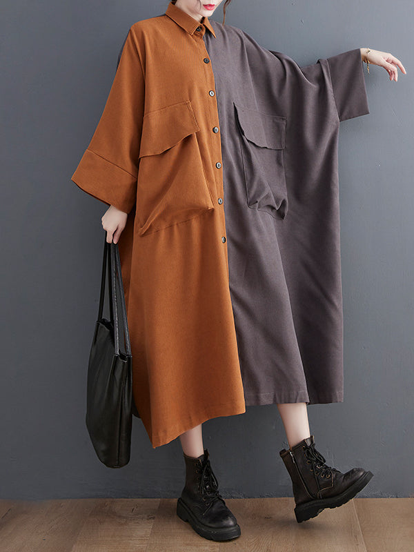 Loose Color Blocking Long Sleeve Midi Dress