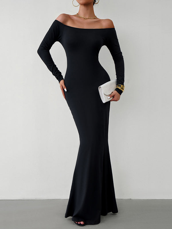 Bodycon Long Sleeves See-Through Solid Color Off-The-Shoulder Maxi Dresses