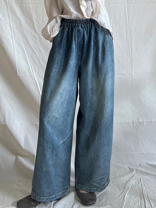 Loose Wide Leg Contrast Color Elasticity Pockets Jean Pants Bottoms