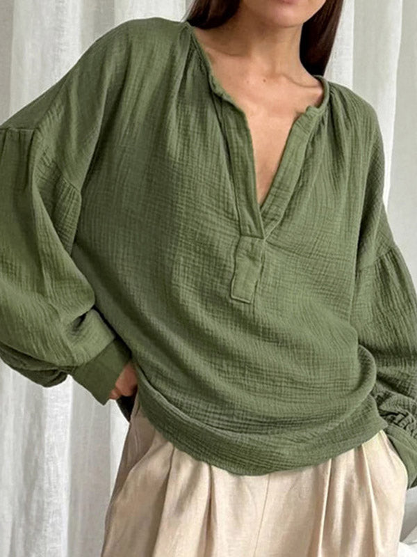 Loose Puff Sleeves Pleated Solid Color Split-Joint V-Neck Blouses&Shirts Tops