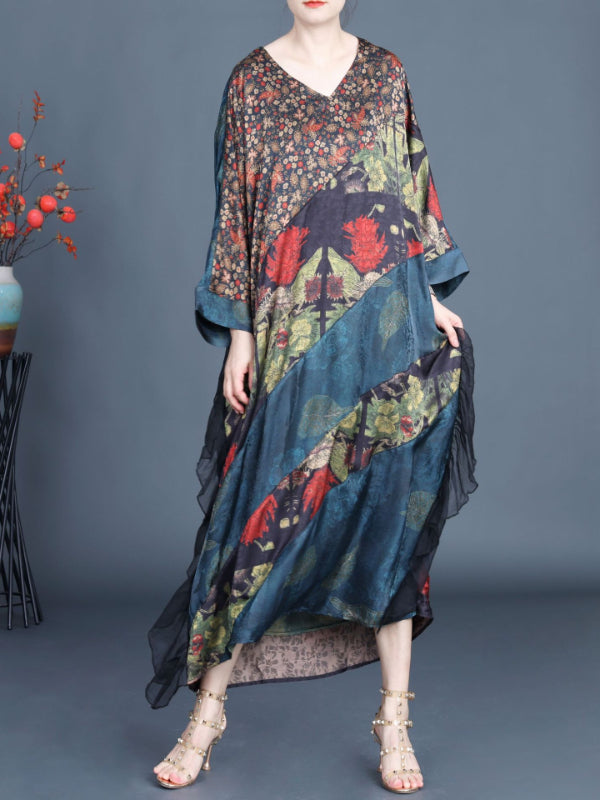 Vintage Jacquard Splicing Bat Sleeve V-Neck Maxi Dress