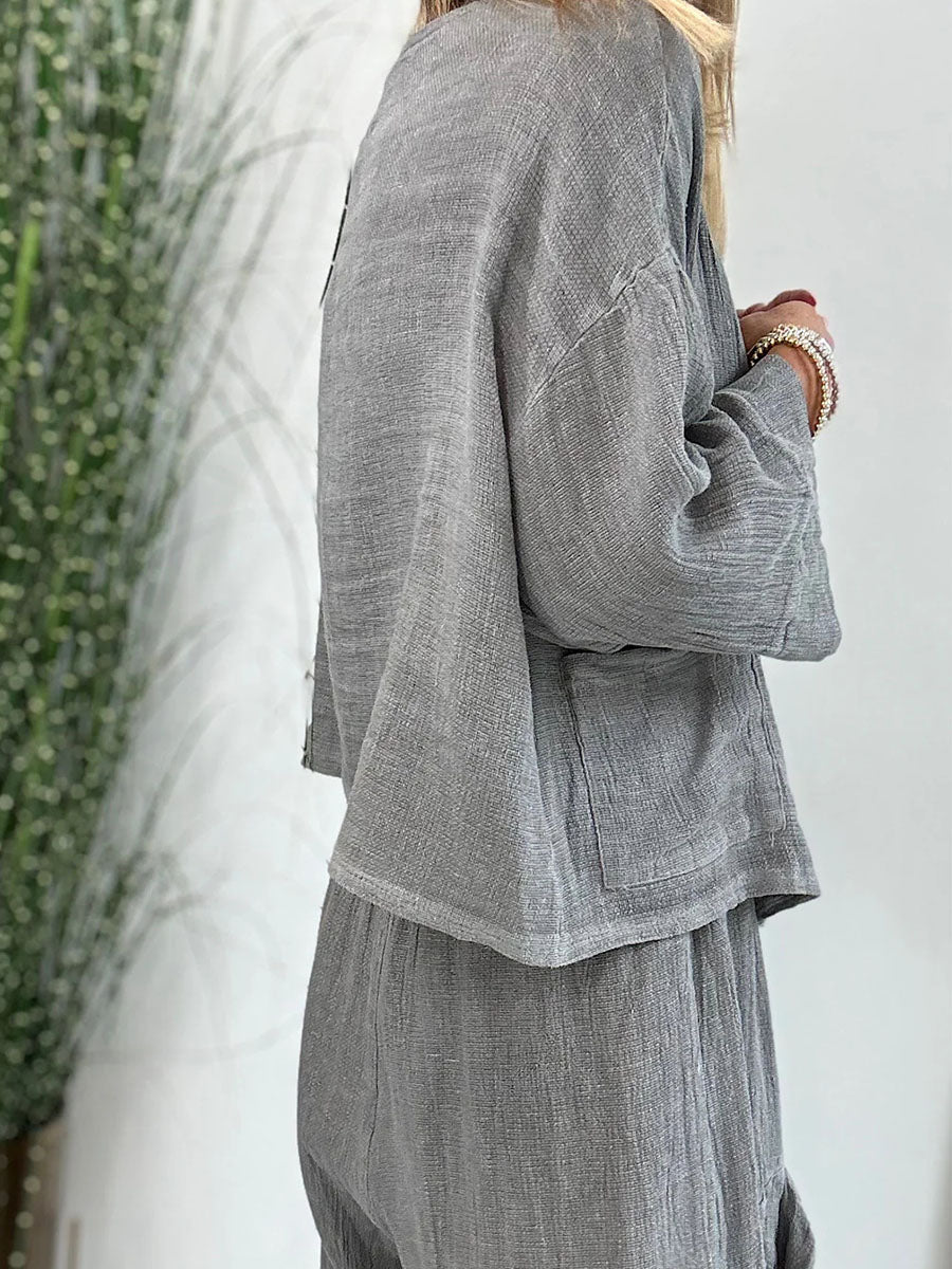 Cotton and linen mid-sleeve casual two-piece set