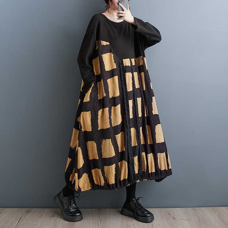 Vintage Plaid Long Sleeve Midi Dress