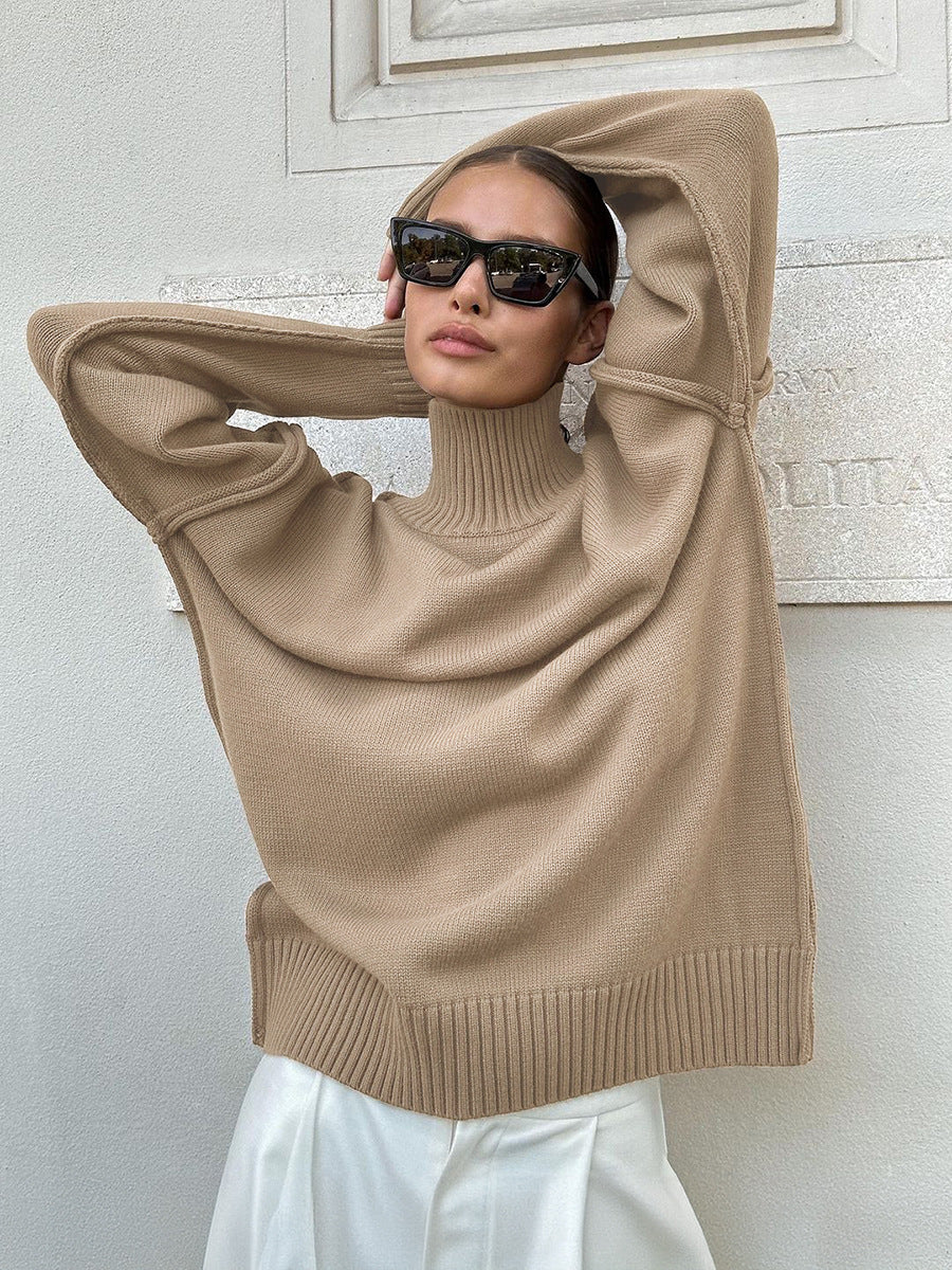 Patchwork turtleneck sweater women's top autumn and winter leisure loose and idle thickened knitting pullover
