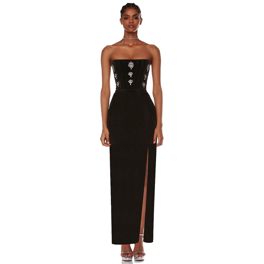 Women Bandage Dress Sexy Backless Crystal Diamond High Slit Slim