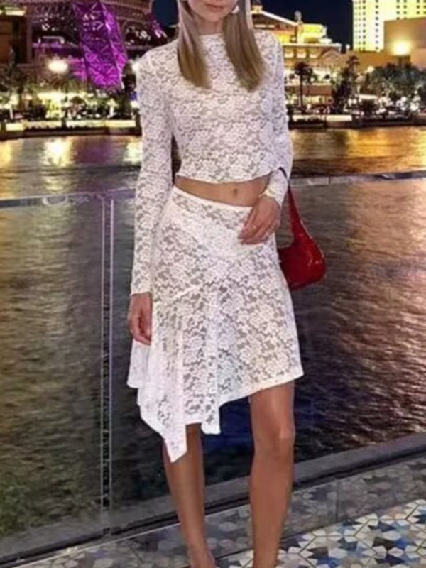 Long Sleeves See-Through Solid Color Mock Neck T-Shirts Tops + Split-Joint Asymmetric High Waisted Skirts Bottom Two Pieces Set