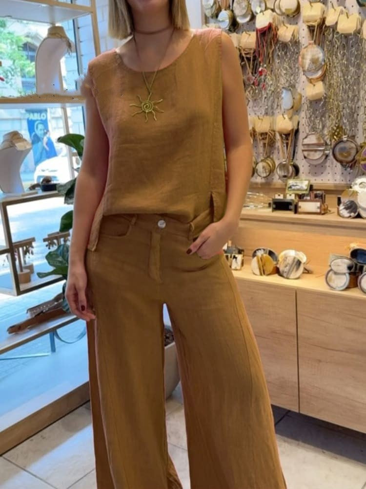Solid Color Sleeveless Top Pants Two-Piece Set
