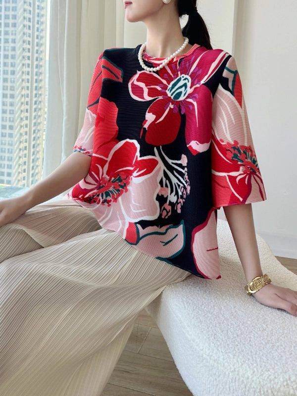 A-Line Half Sleeves Flower Print Pleated Round-Neck T-Shirts Tops