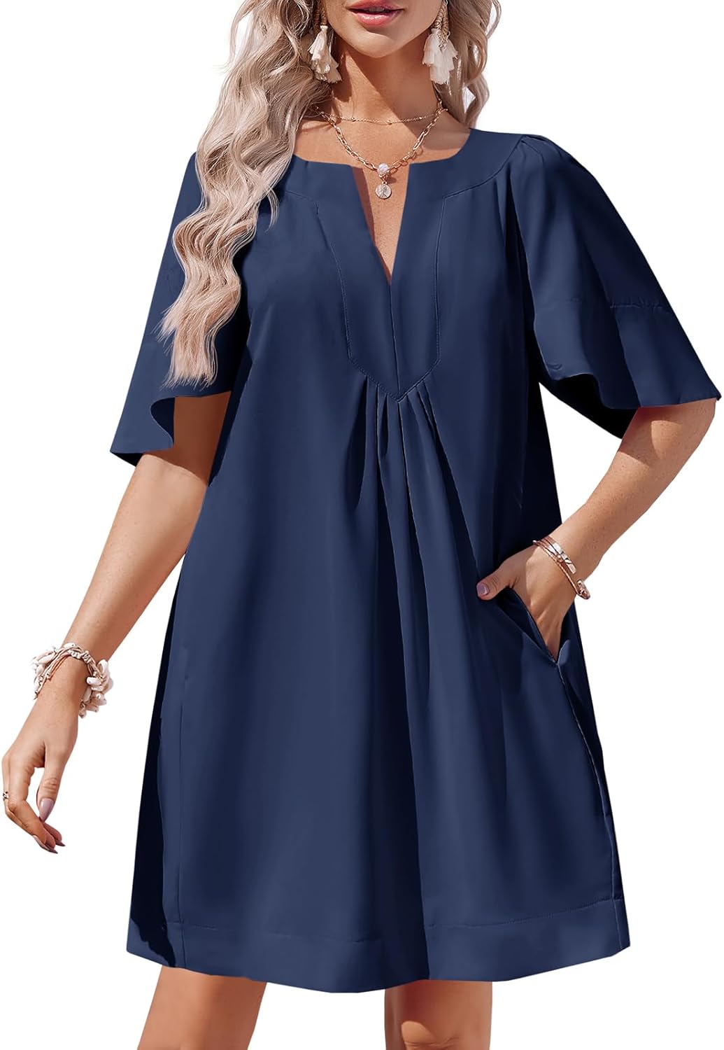 🌸Women's Flutter V Neck Loose  Short Sleeve Mini Dress (Buy 2 Free Shipping)