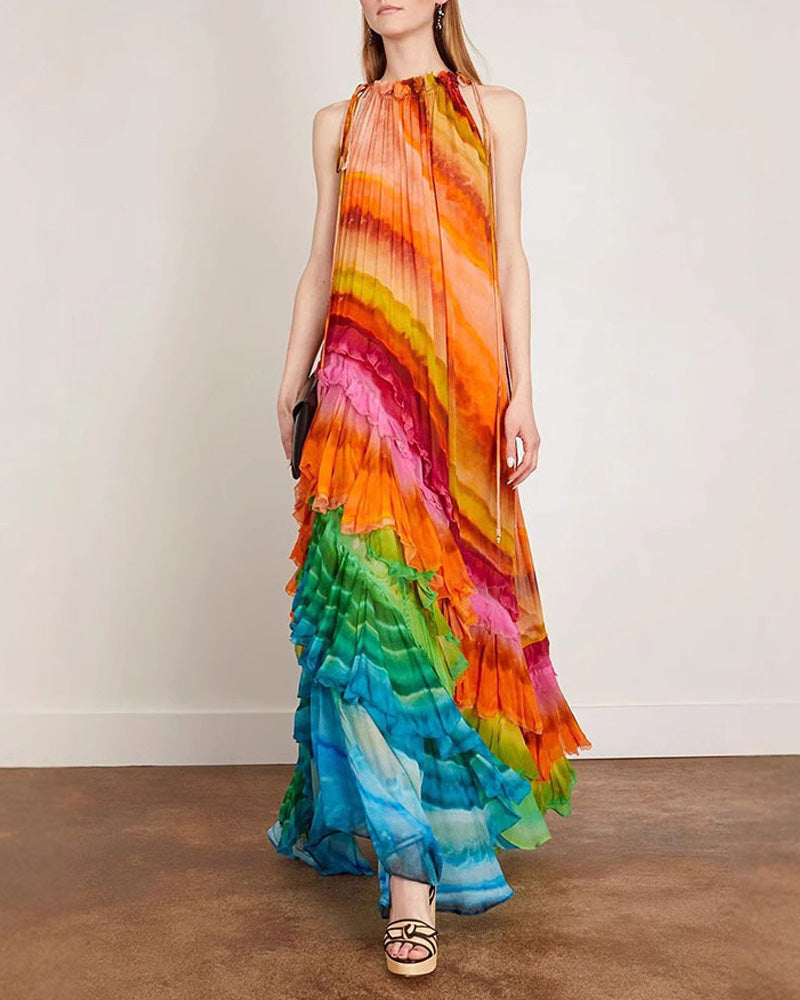 Hanging Neck Colorful Printed Dress