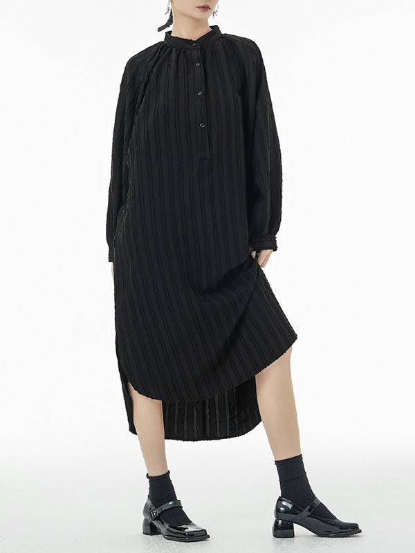 Asymmetric Striped Stand Collar Long Sleeve Midi Dress