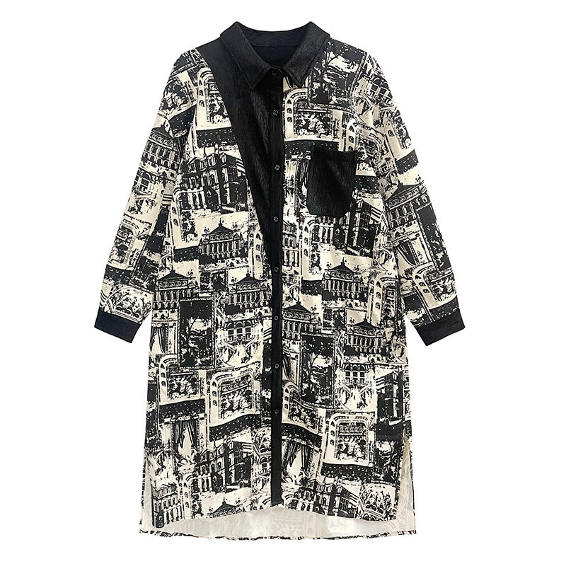Vintage Print Lapel Windbreaker Coat