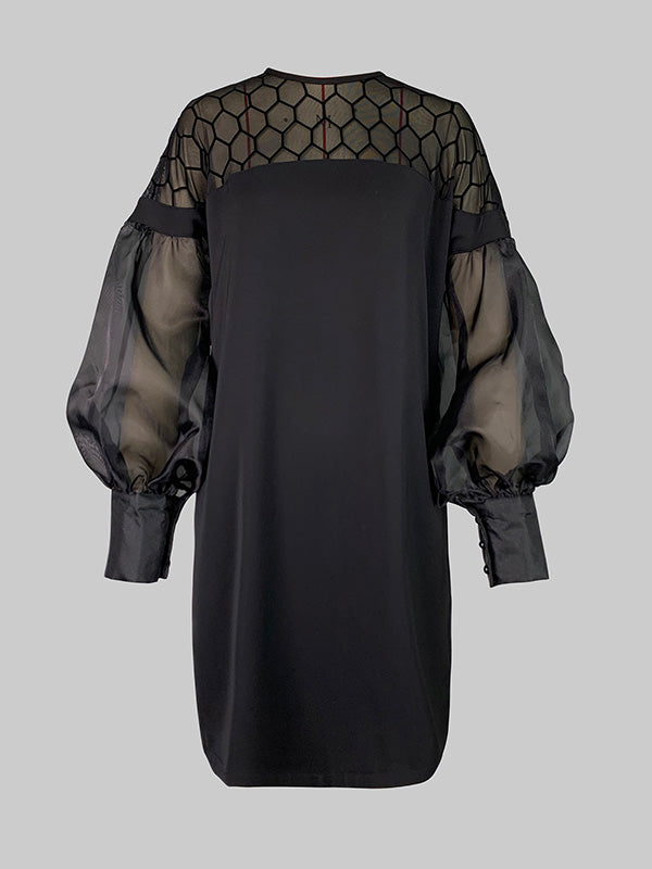 Long Sleeves Loose Hollow Solid Color Split-Joint Round-Neck Mini Dresses