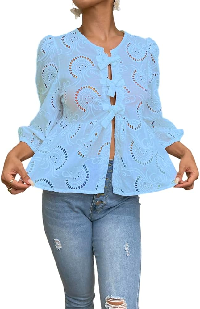 Women's Lace 3/4 Length Puff Sleeve Peplum Tops (Buy 2 Free Shipping)