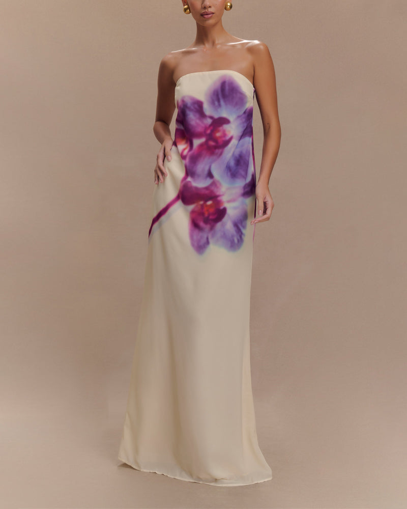 Holiday Flower Print Strapless Dress