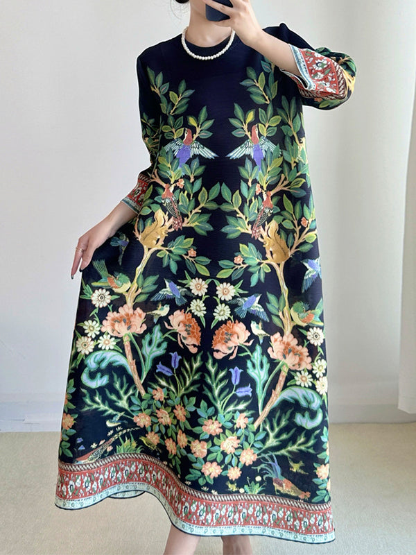 A-Line Loose Flower Print Pleated Round-Neck Midi Dresses