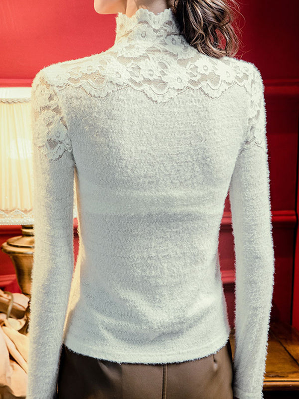 Long Sleeves Skinny Plus Size Solid Color Split-Joint High Neck T-Shirts Tops