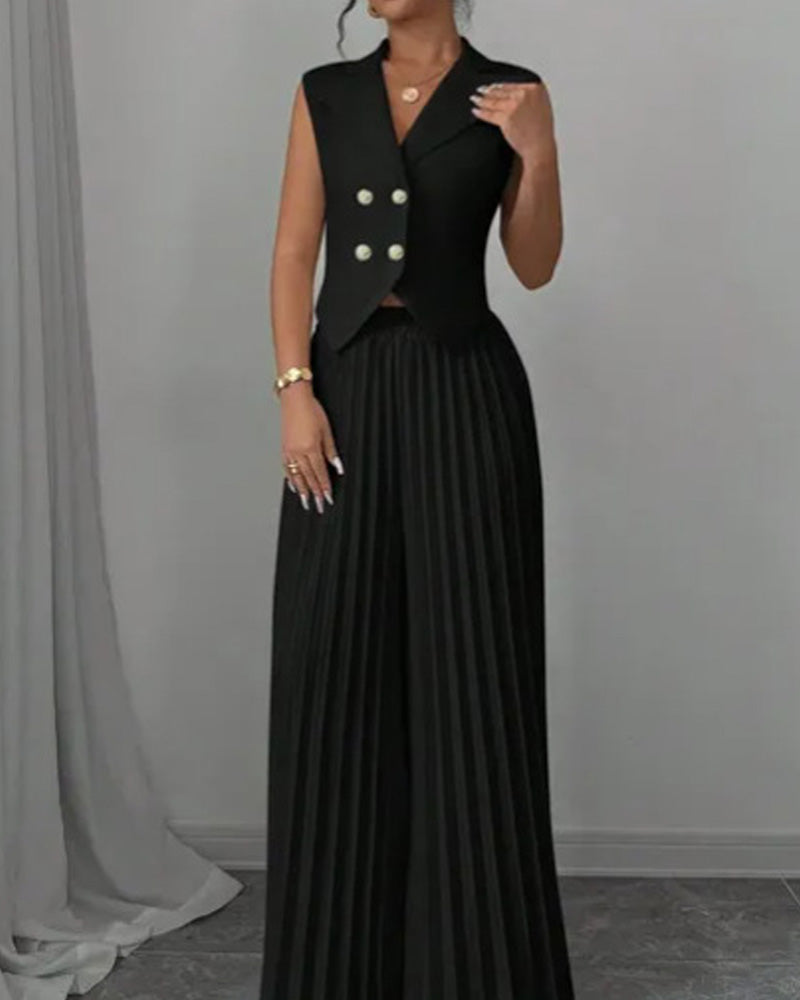 Fashion Vest Pleated Skirt Trouser Set