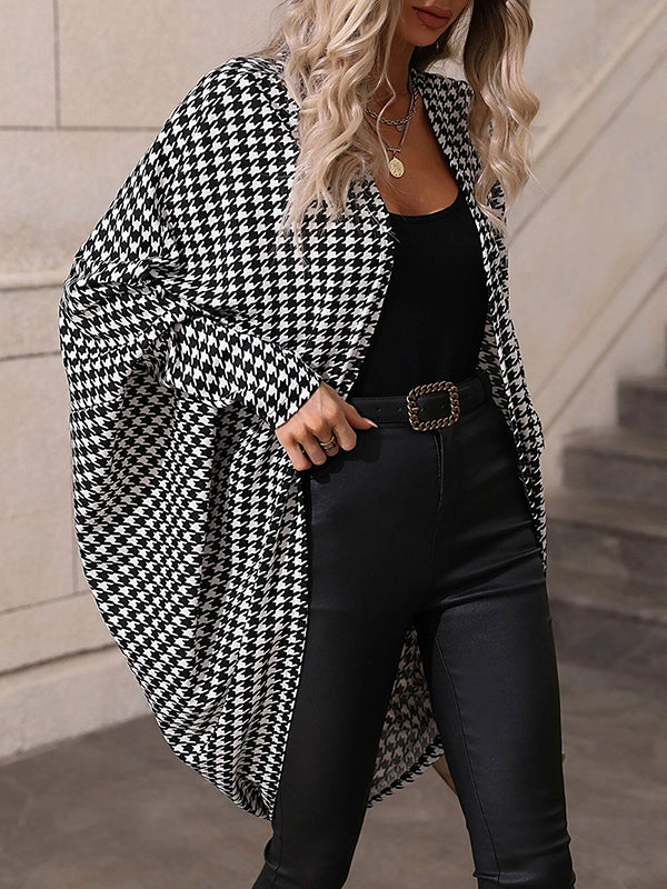 Batwing Sleeves High-Low Houndstooth Outerwear