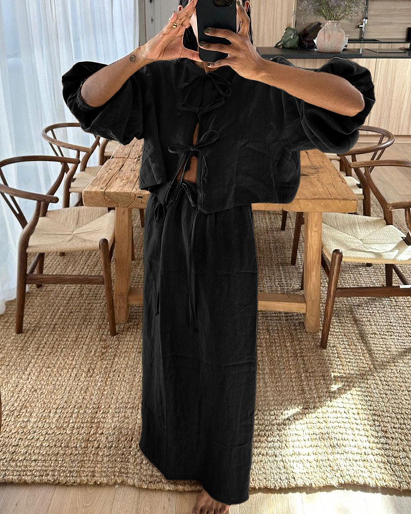 Retro puff sleeve two piece set