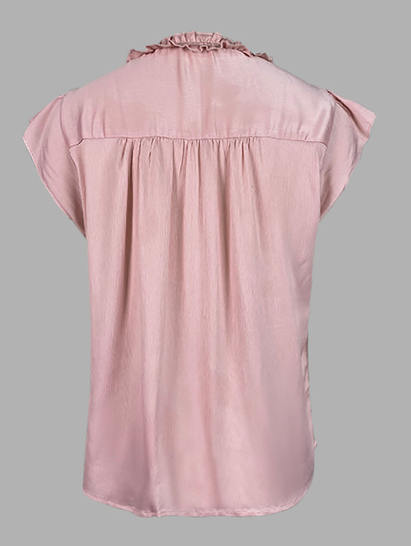 Loose Ruffle Sleeves Pleated Solid Color V-Neck T-Shirts Tops