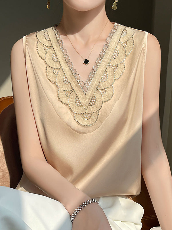 Loose Plus Size Beaded Split-Joint V-Neck Vest Top