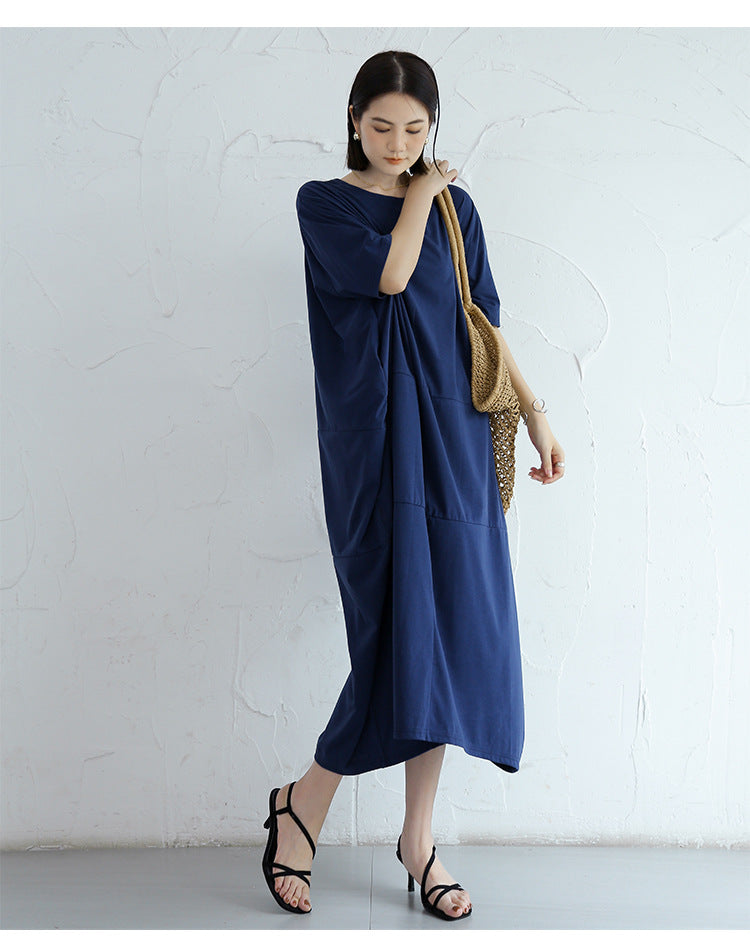 Loose Solid Round Neck Bat Sleeve Maxi Dress With Pocket