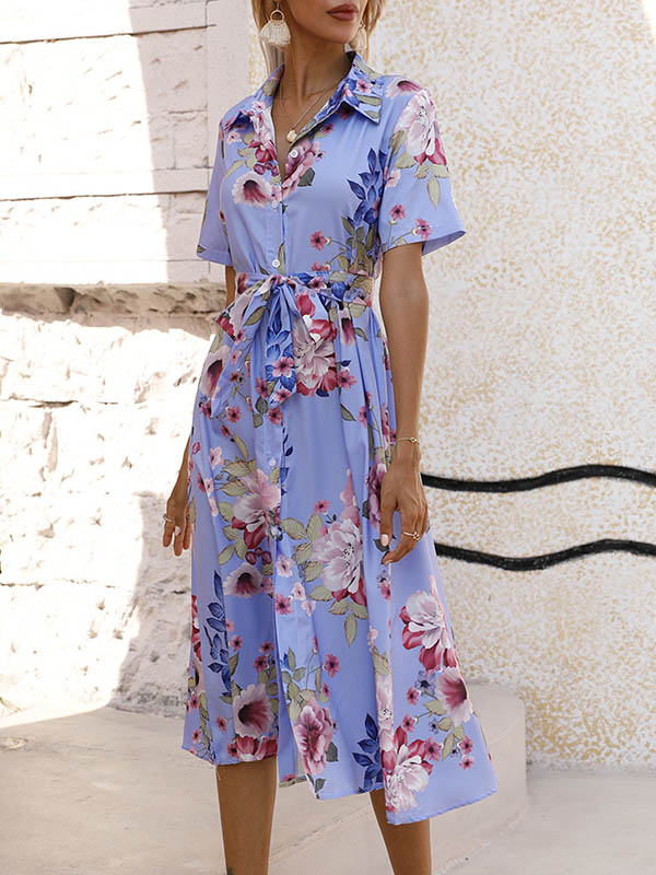 A-Line Loose Buttoned Flower Print Tied Waist Lapel Midi Dresses