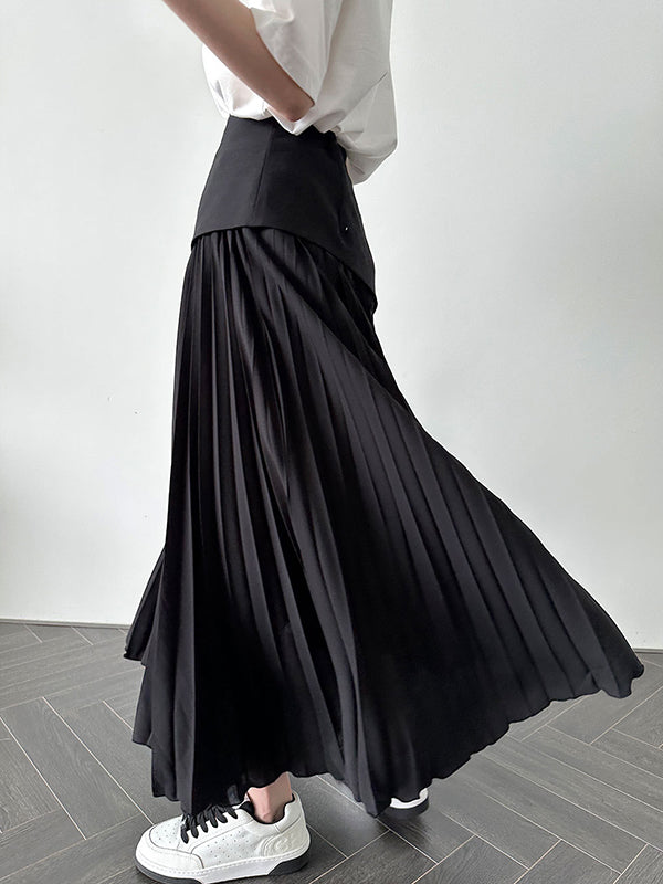A-Line Loose Contrast Color Pleated Split-Joint Skirts Bottoms