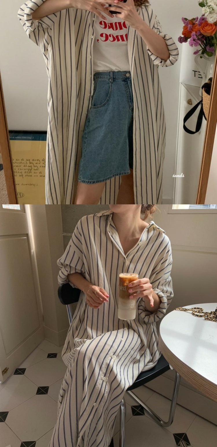 Chic Striped Mid-sleeve Maxi Dress