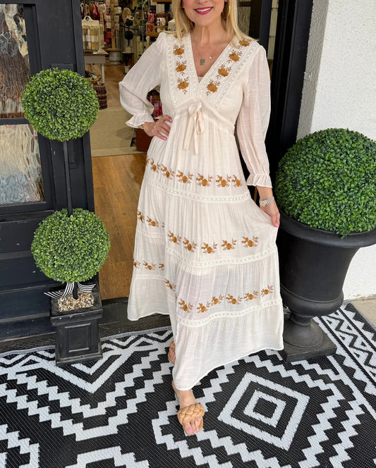 Women's V-Neck Floral Embroidered Maxi Dress