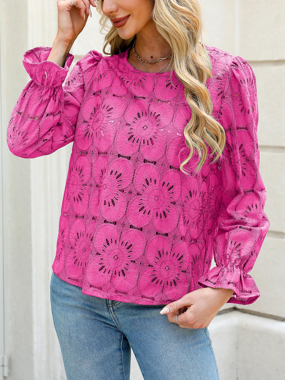 Women Eyelet Long Sleeve Tops